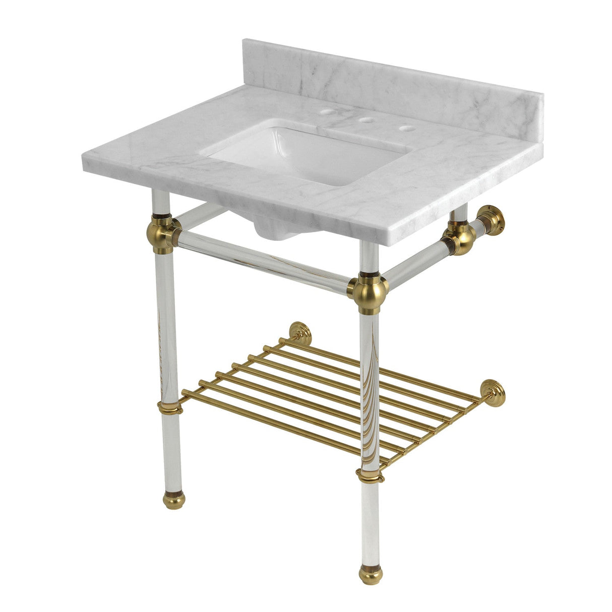 Templeton KVPB30MASQB7 30-Inch Console Sink with Acrylic Legs (8-Inch, 3 Hole), Carrara Marble/Brushed Brass