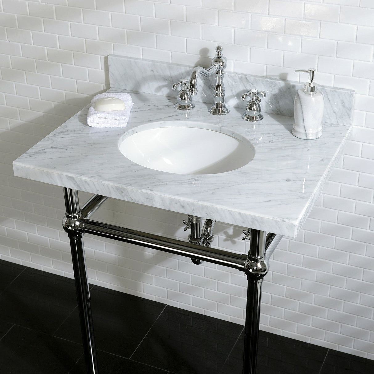 Fauceture KVPB30MB1 30-Inch Marble Console Sink with Brass Feet, Carrara Marble/Polished Chrome