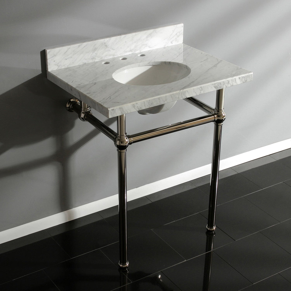 Fauceture KVPB30MB6 30-Inch Marble Console Sink with Brass Feet, Carrara Marble/Polished Nickel