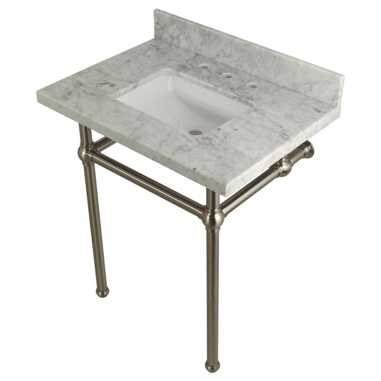 Fauceture KVPB30MBSQ8 30-Inch Marble Console Sink with Brass Feet, Carrara Marble/Brushed Nickel