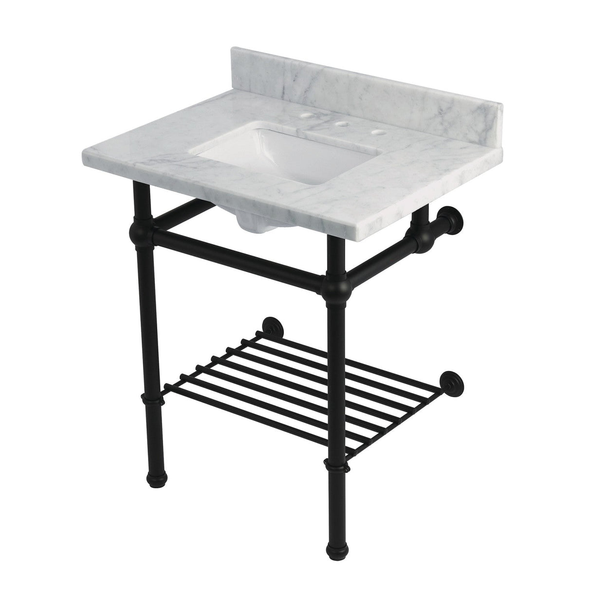 Templeton KVPB30MBSQB0 30-Inch Console Sink with Brass Legs (8-Inch, 3 Hole), Carrara Marble/Matte Black