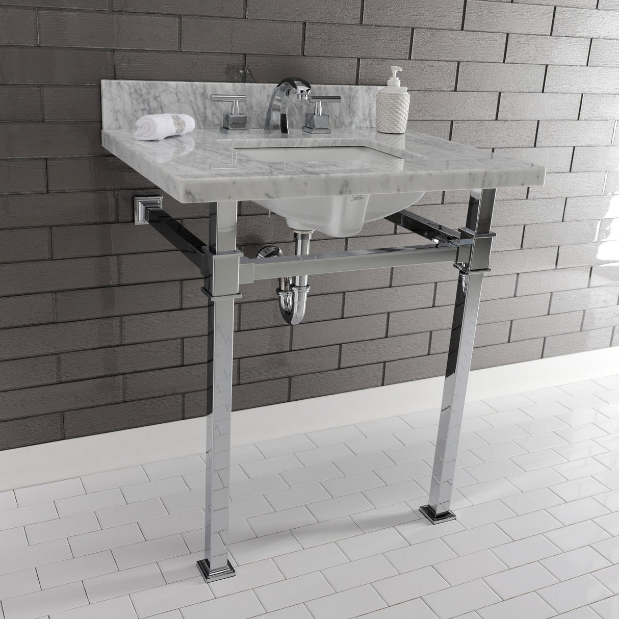 Fauceture KVPB30MSQ1 30-Inch Carrara Marble Console Sink, Marble White/Polished Chrome
