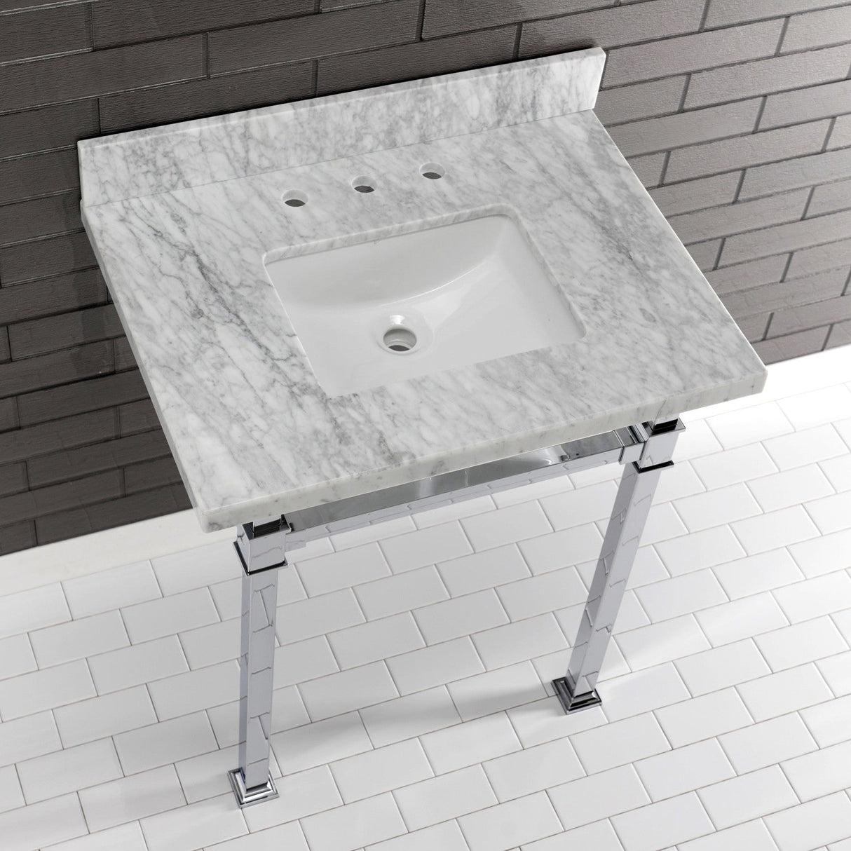 Fauceture KVPB30MSQ1 30-Inch Carrara Marble Console Sink, Marble White/Polished Chrome