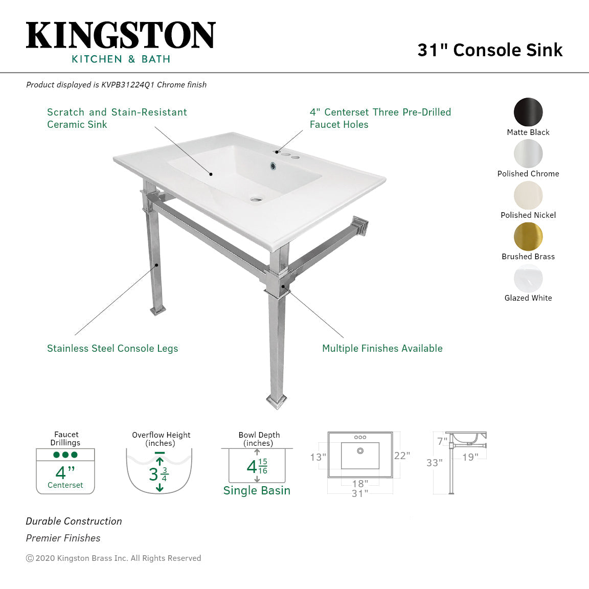 Fauceture KVPB31224Q7 31-Inch Ceramic Console Sink, White/Brushed Brass