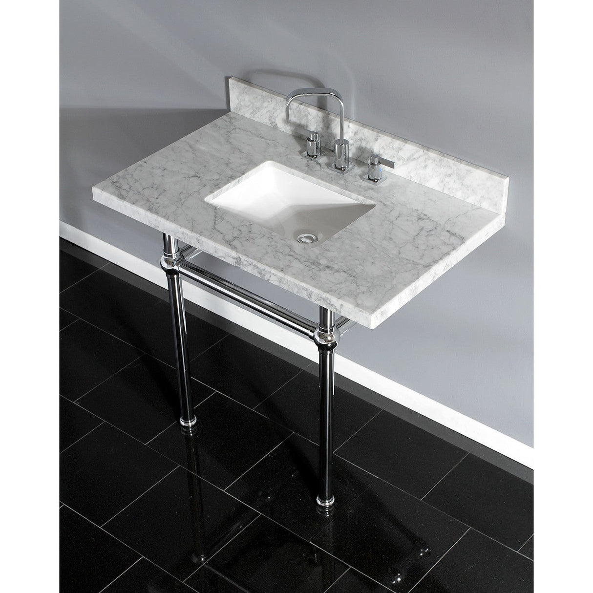 Fauceture KVPB3630MBSQ1 36-Inch Marble Console Sink with Brass Feet, Carrara Marble/Polished Chrome