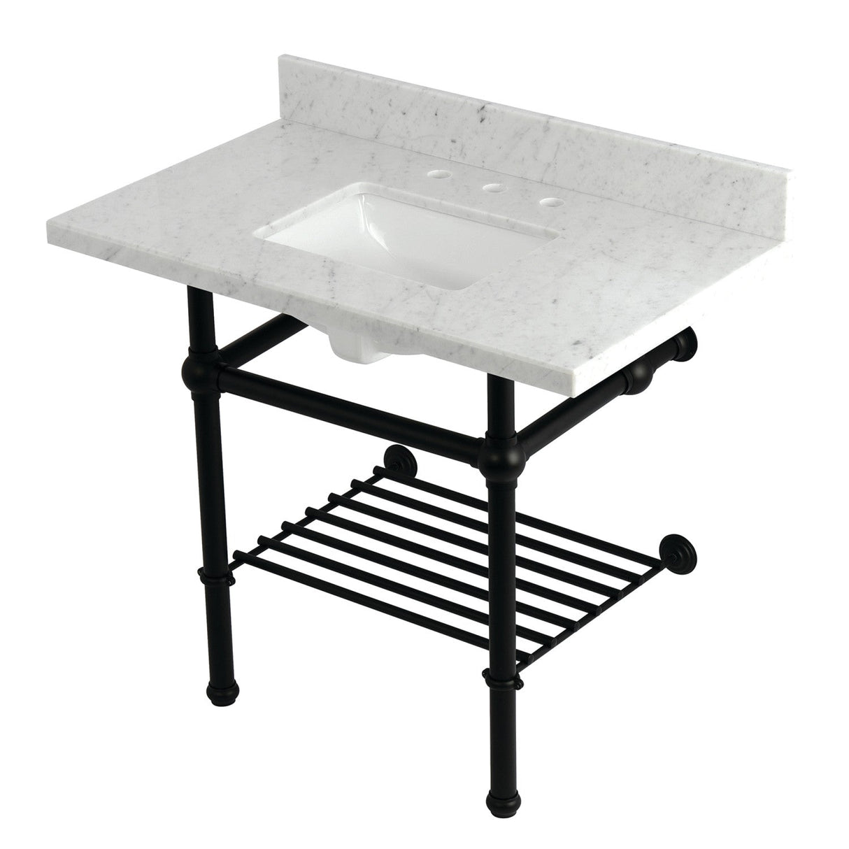 Templeton KVPB3630MBSQB0 36-Inch Console Sink with Brass Legs (8-Inch, 3 Hole), Carrara Marble/Matte Black