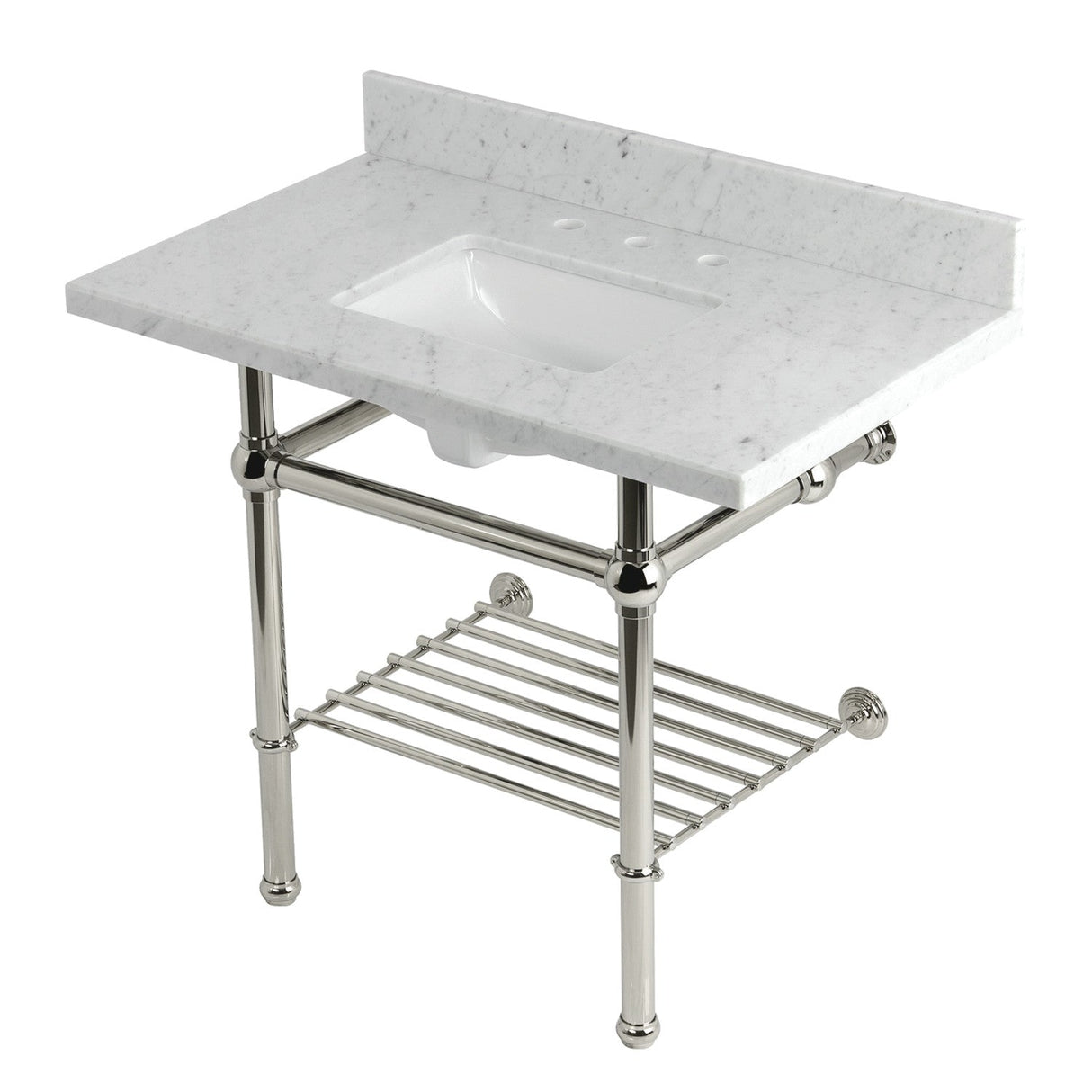 Templeton KVPB3630MBSQB6 36-Inch Console Sink with Brass Legs (8-Inch, 3 Hole), Carrara Marble/Polished Nickel
