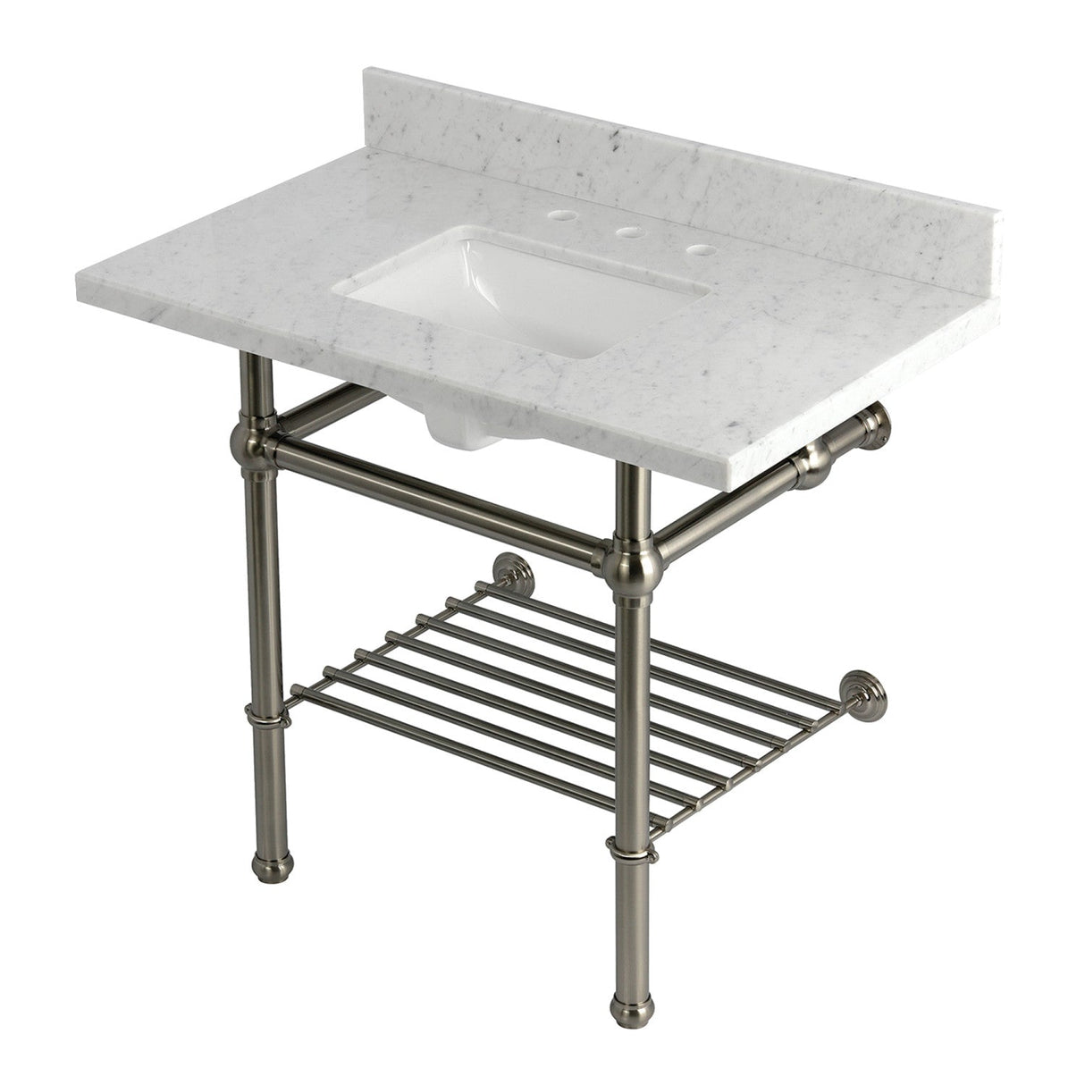 Templeton KVPB3630MBSQB8 36-Inch Console Sink with Brass Legs (8-Inch, 3 Hole), Carrara Marble/Brushed Nickel