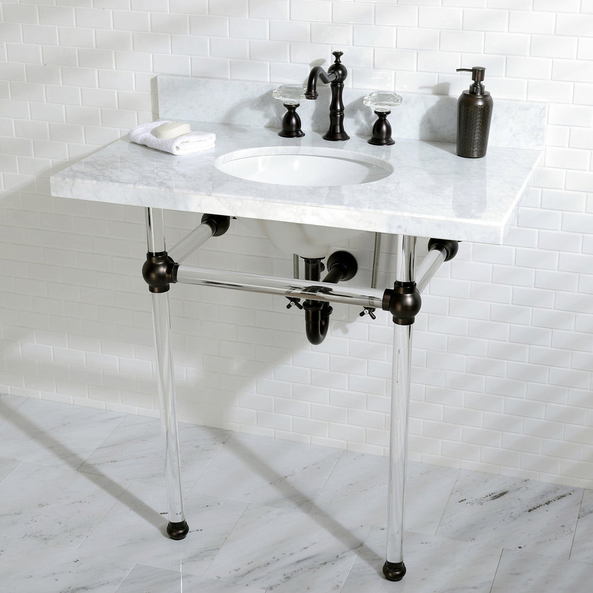 Fauceture KVPB36MA5 36-Inch Marble Console Sink with Acrylic Feet, Carrara Marble/Oil Rubbed Bronze