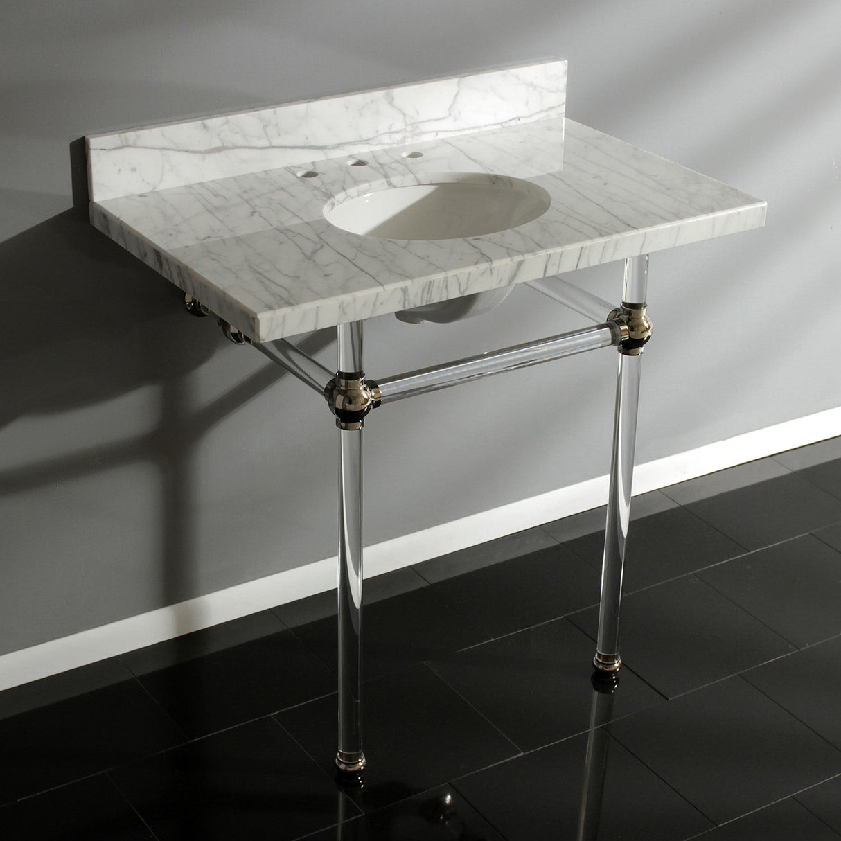 Fauceture KVPB36MA6 36-Inch Marble Console Sink with Acrylic Feet, Carrara Marble/Polished Nickel
