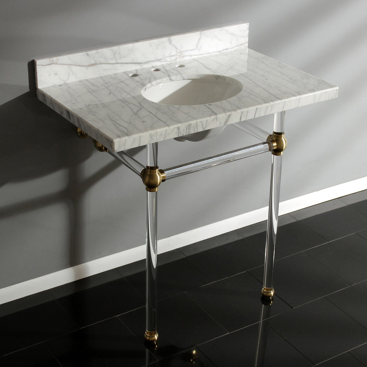 Fauceture KVPB36MA7 36-Inch Marble Console Sink with Acrylic Feet, Carrara Marble/Brushed Brass
