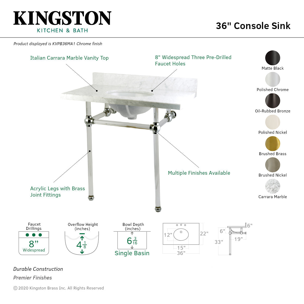Fauceture KVPB36MA8 36-Inch Marble Console Sink with Acrylic Feet, Carrara Marble/Brushed Nickel