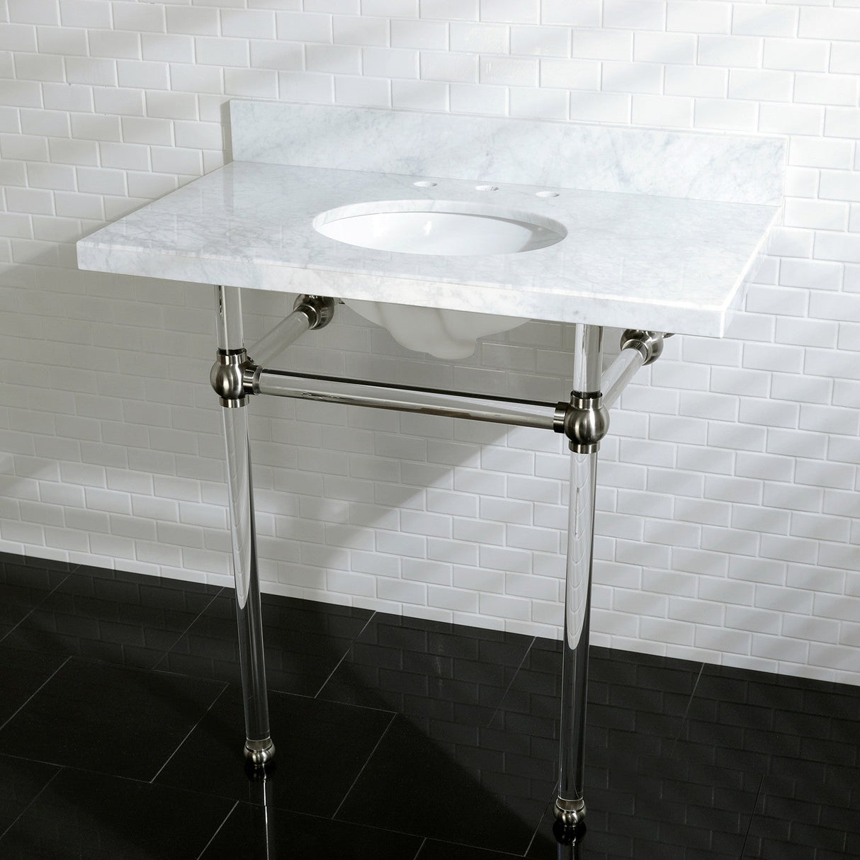 Fauceture KVPB36MA8 36-Inch Marble Console Sink with Acrylic Feet, Carrara Marble/Brushed Nickel