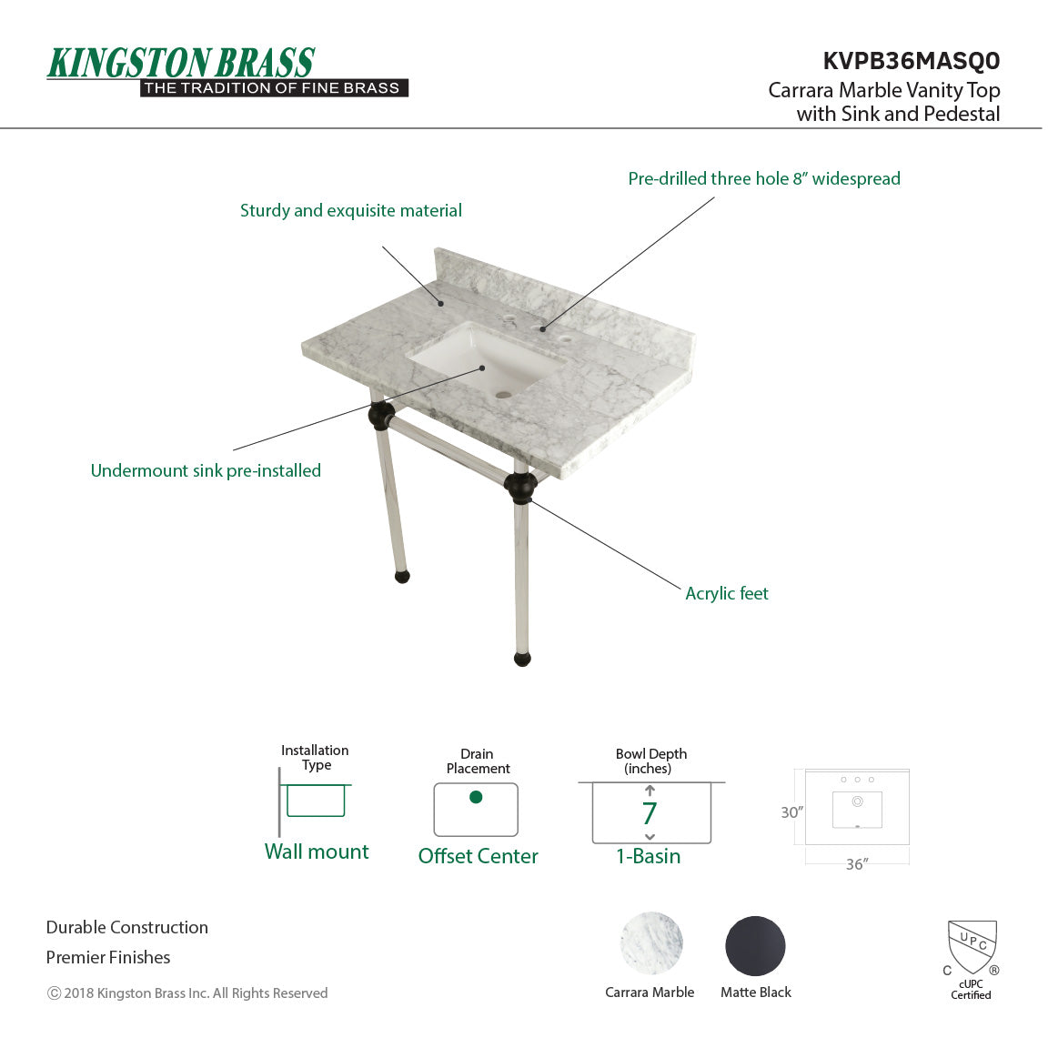 Fauceture KVPB36MASQ0 36-Inch Marble Console Sink with Acrylic Feet, Carrara Marble/Matte Black