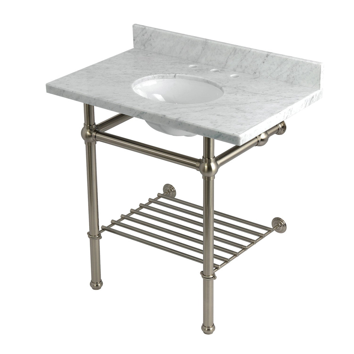 Templeton KVPB36MBB8 36-Inch Console Sink with Brass Legs (8-Inch, 3 Hole), Carrara Marble/Brushed Nickel