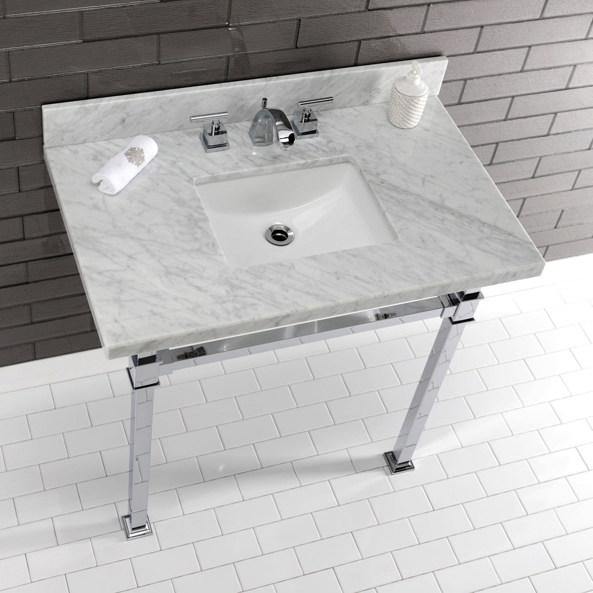 Fauceture KVPB36MSQ1 36-Inch Carrara Marble Console Sink, Marble White/Polished Chrome