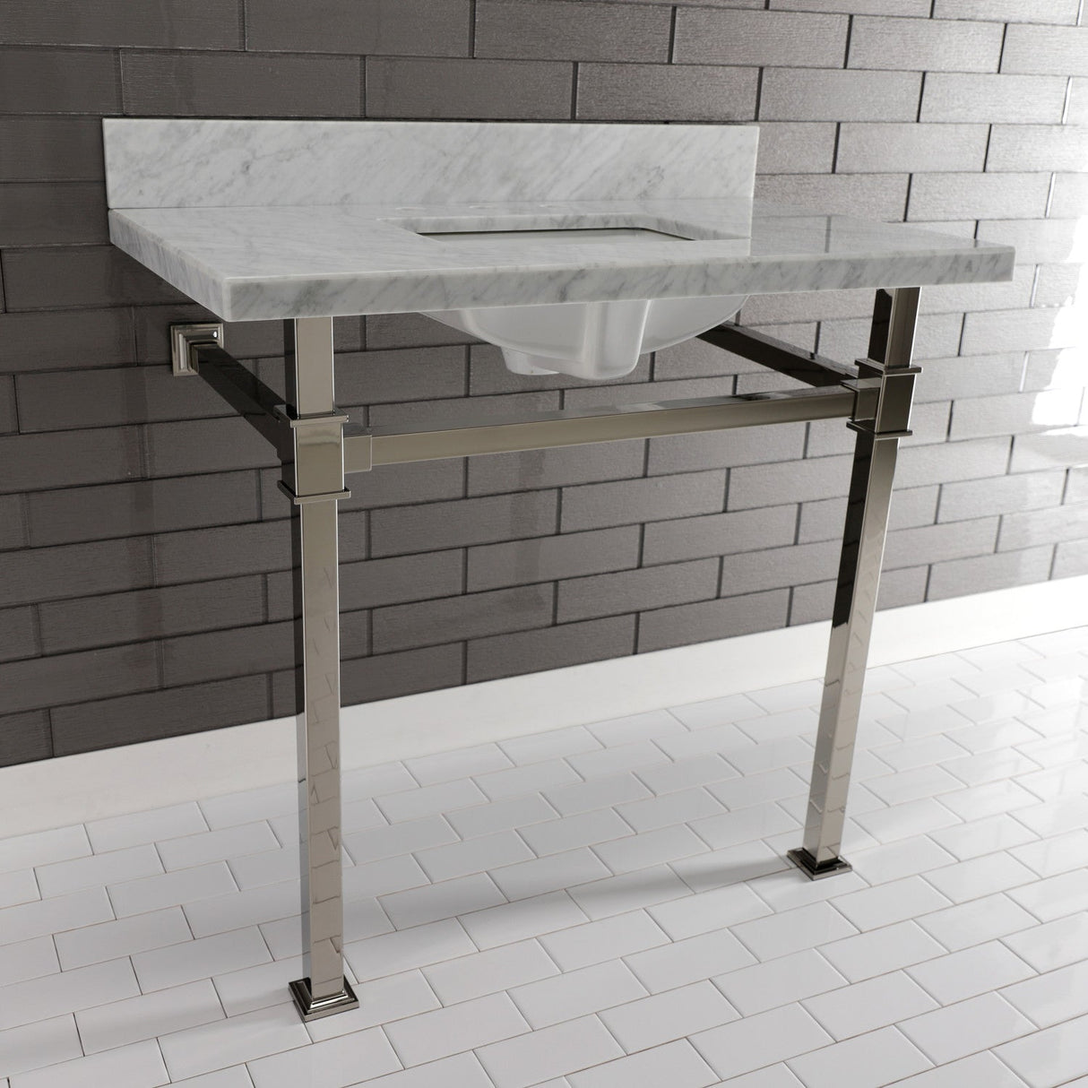 Fauceture KVPB36MSQ6 36-Inch Carrara Marble Console Sink, Marble White/Polished Nickel