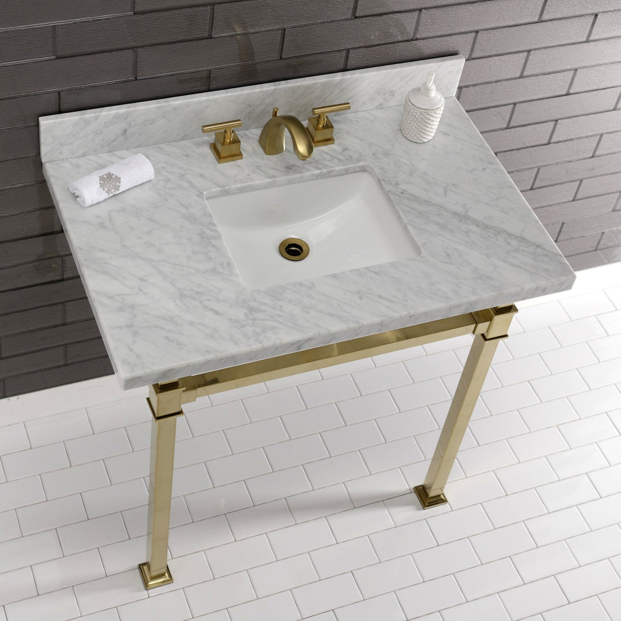 Fauceture KVPB36MSQ7 36-Inch Carrara Marble Console Sink, Marble White/Brushed Brass