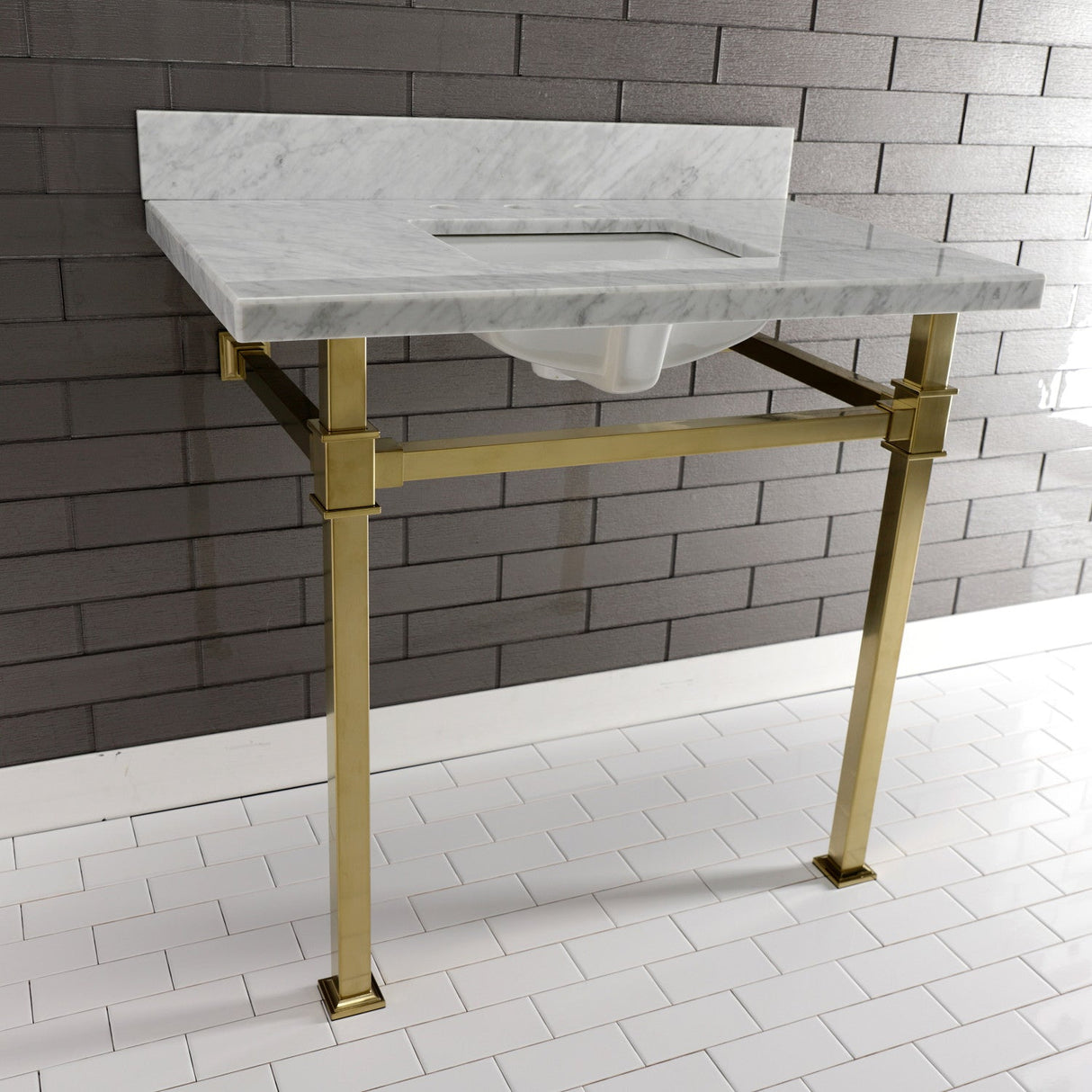 Fauceture KVPB36MSQ7 36-Inch Carrara Marble Console Sink, Marble White/Brushed Brass