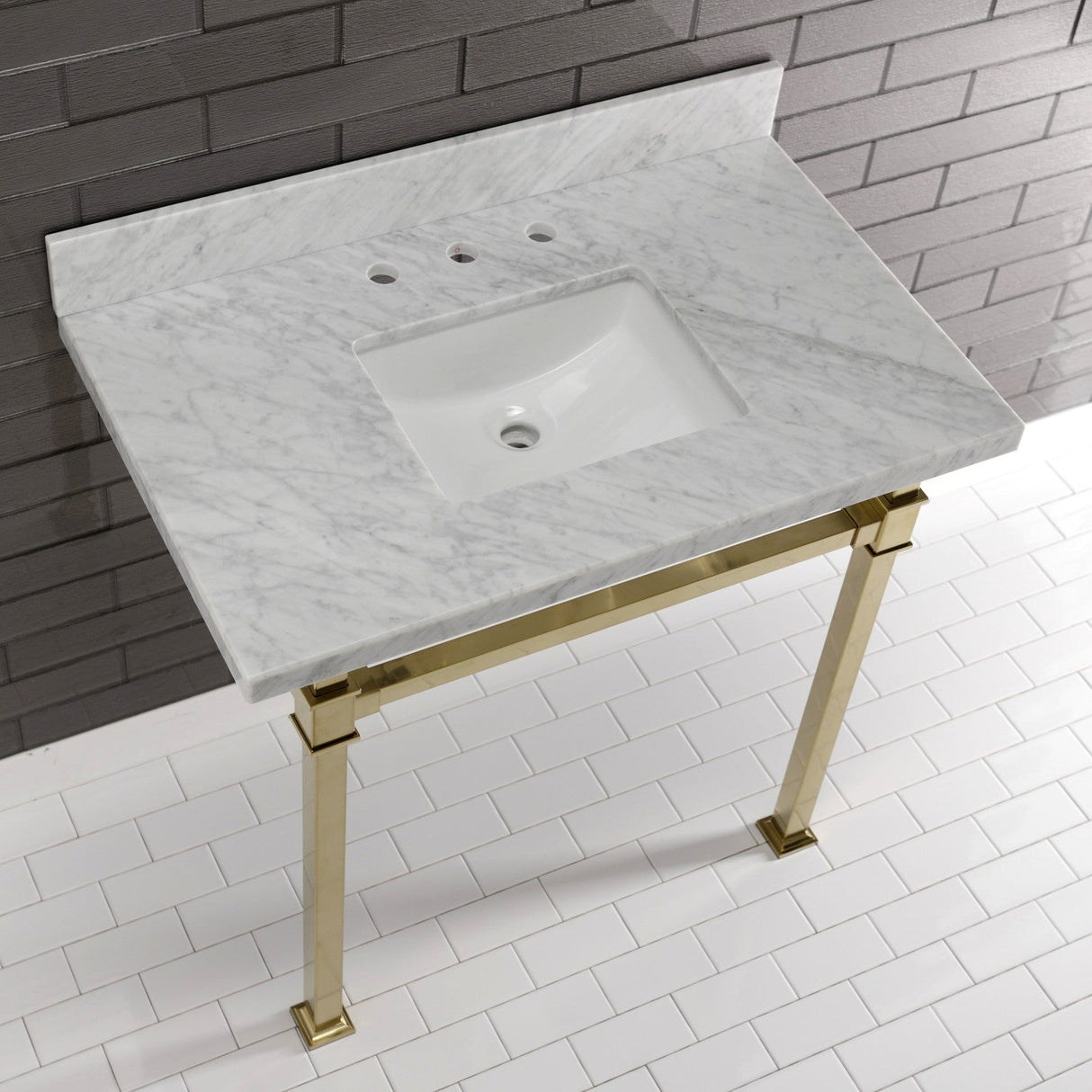 Fauceture KVPB36MSQ7 36-Inch Carrara Marble Console Sink, Marble White/Brushed Brass