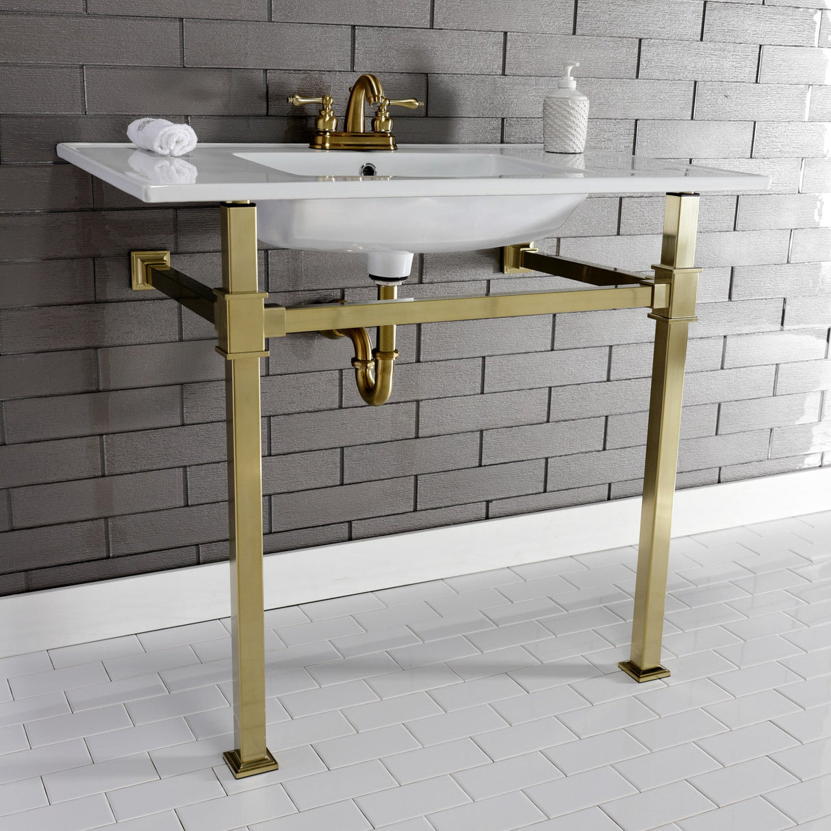 Fauceture KVPB37224Q7 37-Inch Ceramic Console Sink Set, White/Brushed Brass