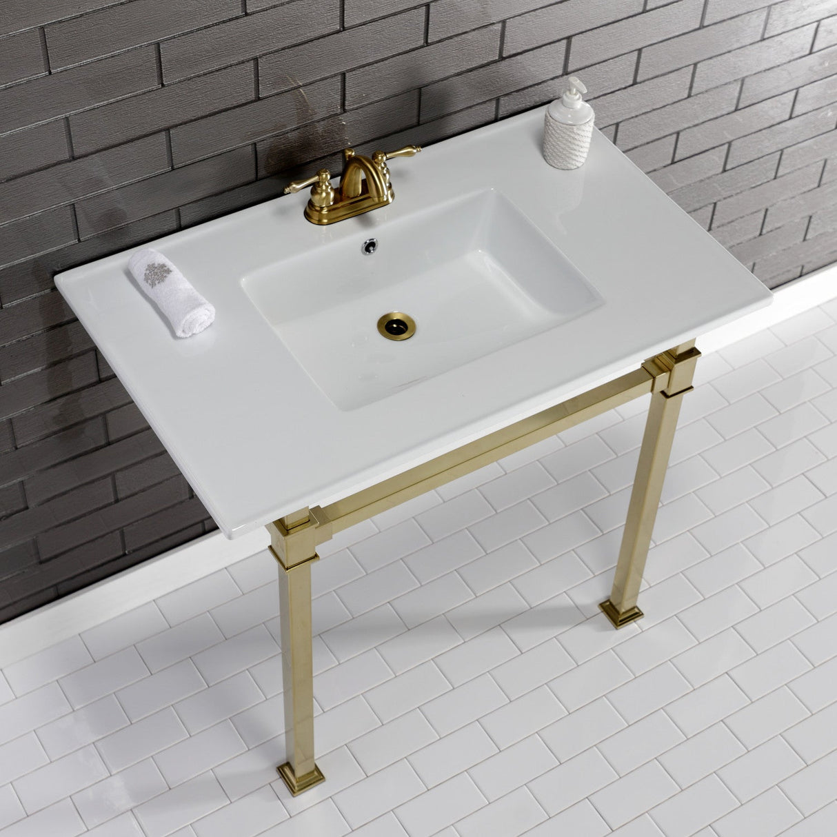 Fauceture KVPB37224Q7 37-Inch Ceramic Console Sink Set, White/Brushed Brass