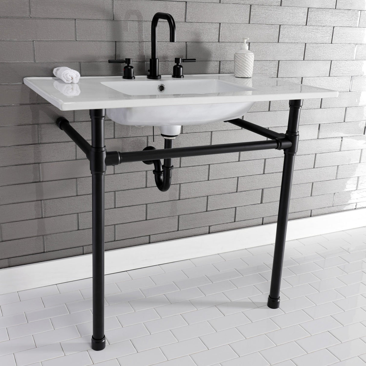Dreyfuss KVPB37227W80 37-Inch Ceramic Console Sink Set, White/Matte Black