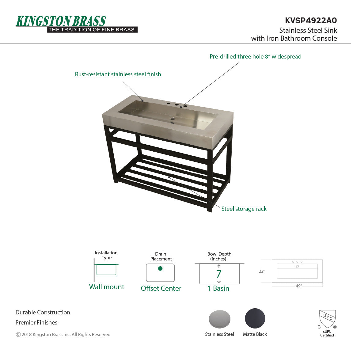 Kingston Commercial KVSP4922A0 Stainless Steel Console Sink, Brushed/Matte Black