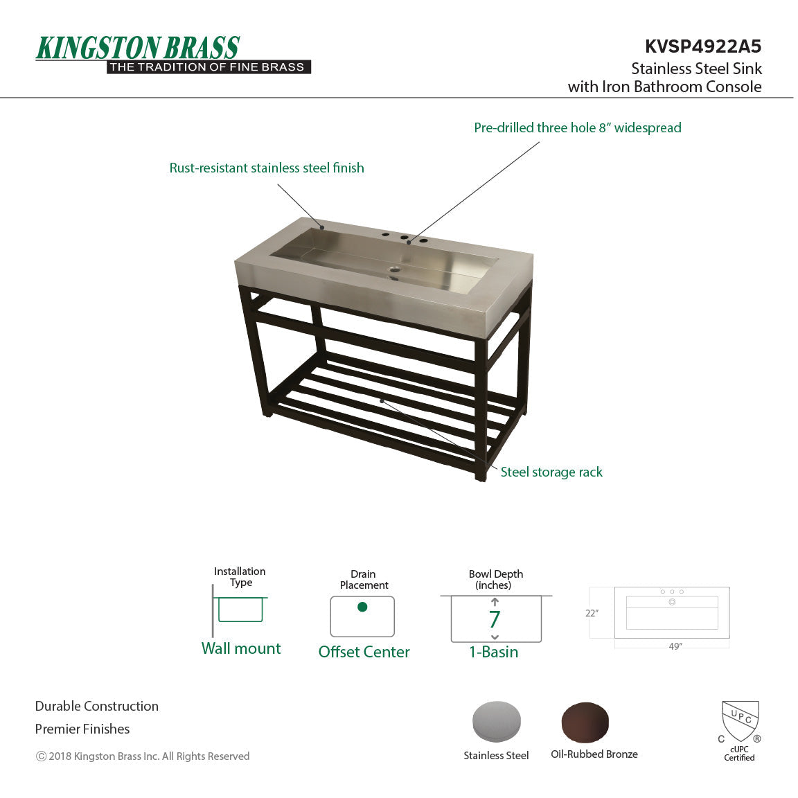 Kingston Commercial KVSP4922A5 Stainless Steel Console Sink, Brushed/Oil Rubbed Bronze