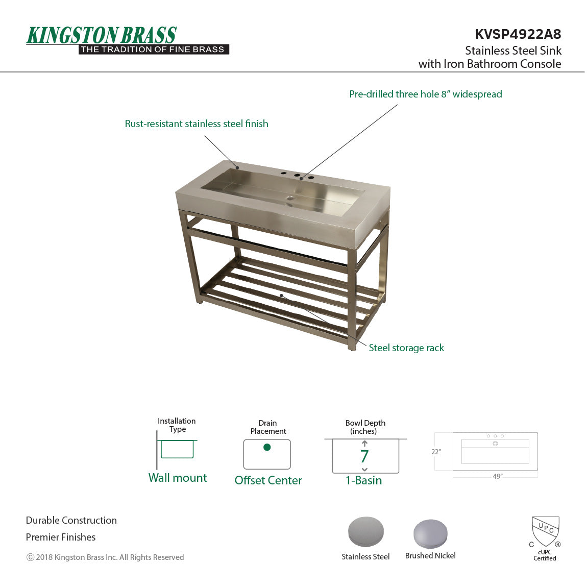 Kingston Commercial KVSP4922A8 Stainless Steel Console Sink, Brushed/Brushed Nickel
