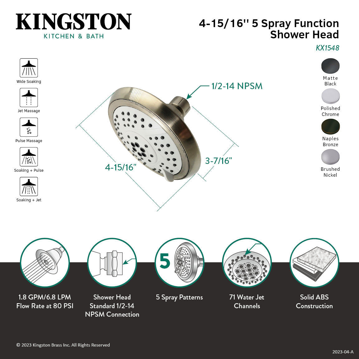 Vilbosch KX1541 5-Function 5-Inch Plastic Shower Head, Polished Chrome