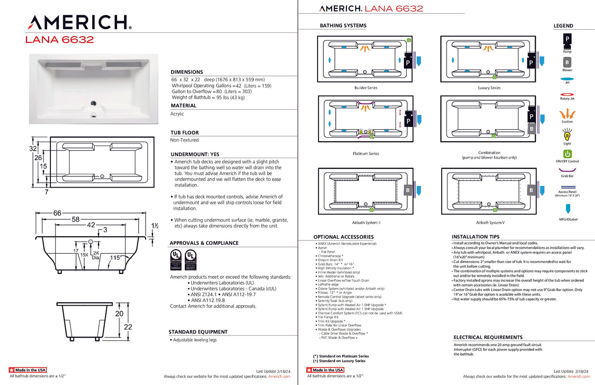 Americh LA6632TA5-BI Lana 6632 - Tub Only / Airbath 5 - Biscuit
