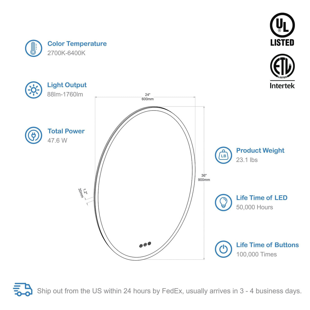 Blossom Oval LED Mirror Frosted Side, Touch Control & Dual Mounting, 20" x 30" & 30" x 34"