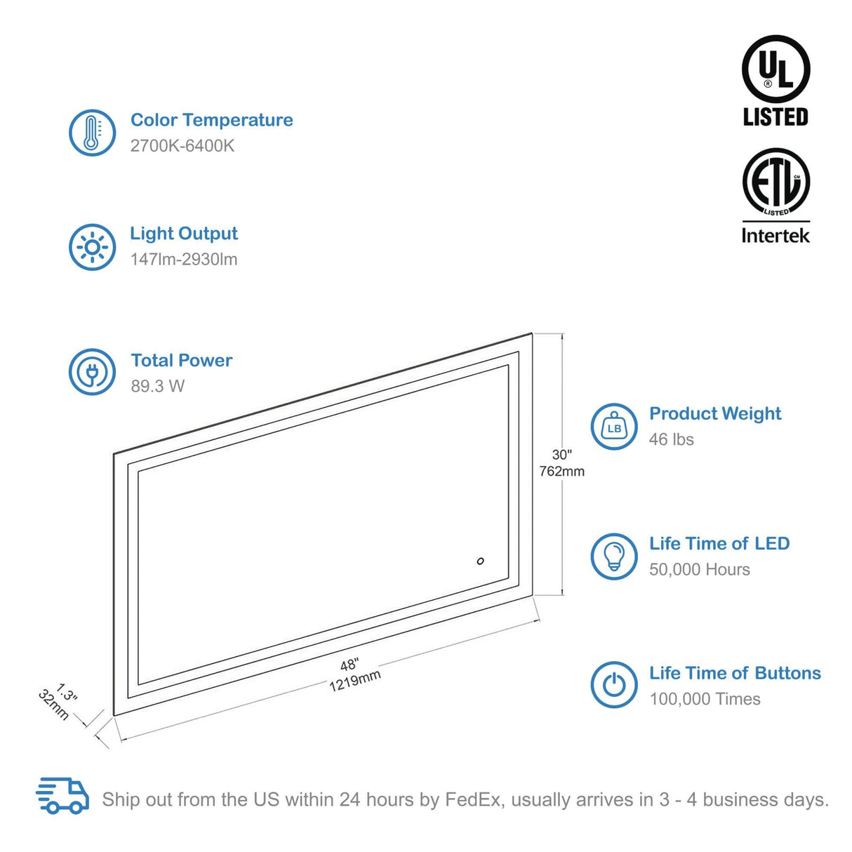 Blossom Lyra, Versatile LED Bathroom Mirror with Touch Control and Built-In Defogger