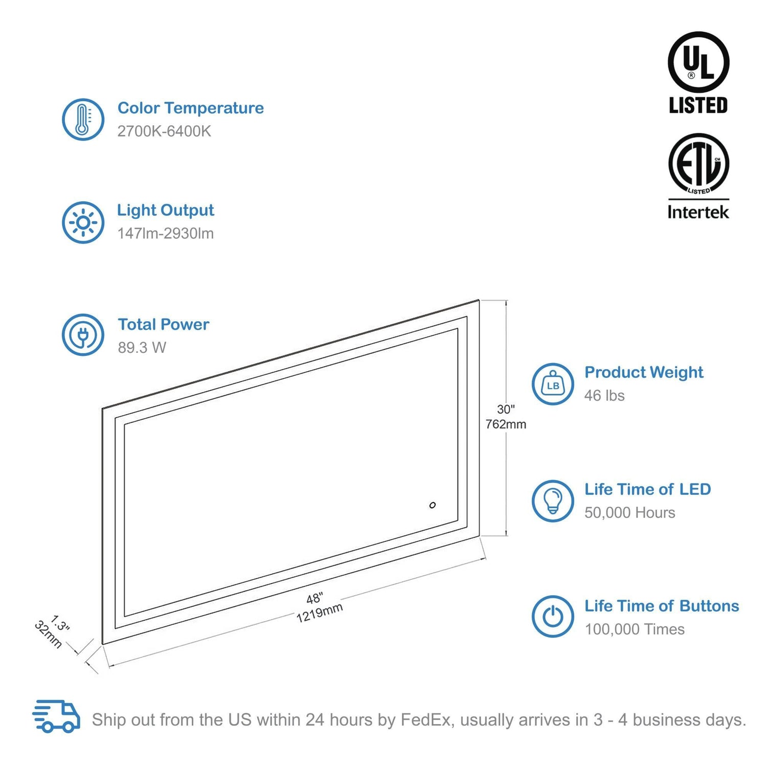 Blossom Lyra, Versatile LED Bathroom Mirror with Touch Control and Built-In Defogger
