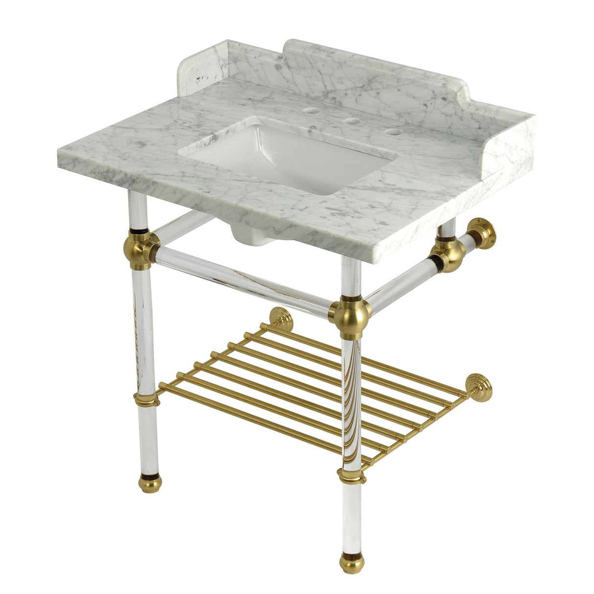 Pemberton LMS3030MASQB7 30-Inch Console Sink with Acrylic Legs (8-Inch, 3 Hole), Marble White/Brushed Brass
