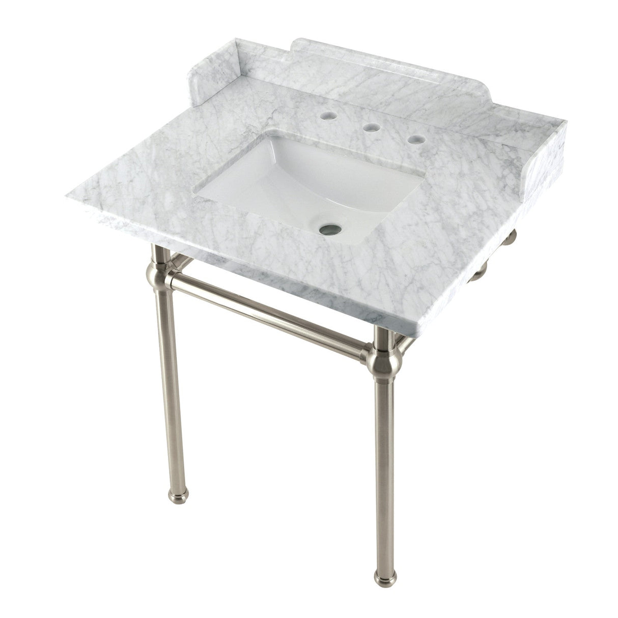 Fauceture LMS30MBSQ8 30-Inch Carrara Marble Console Sink with Brass Legs, Marble White/Brushed Nickel