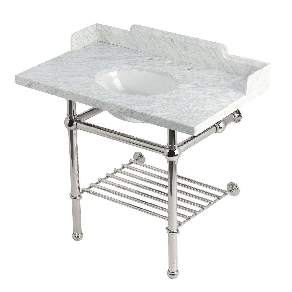 Pemberton LMS3630MBB6 36-Inch Console Sink with Brass Legs (8-Inch, 3 Hole), Marble White/Polished Nickel