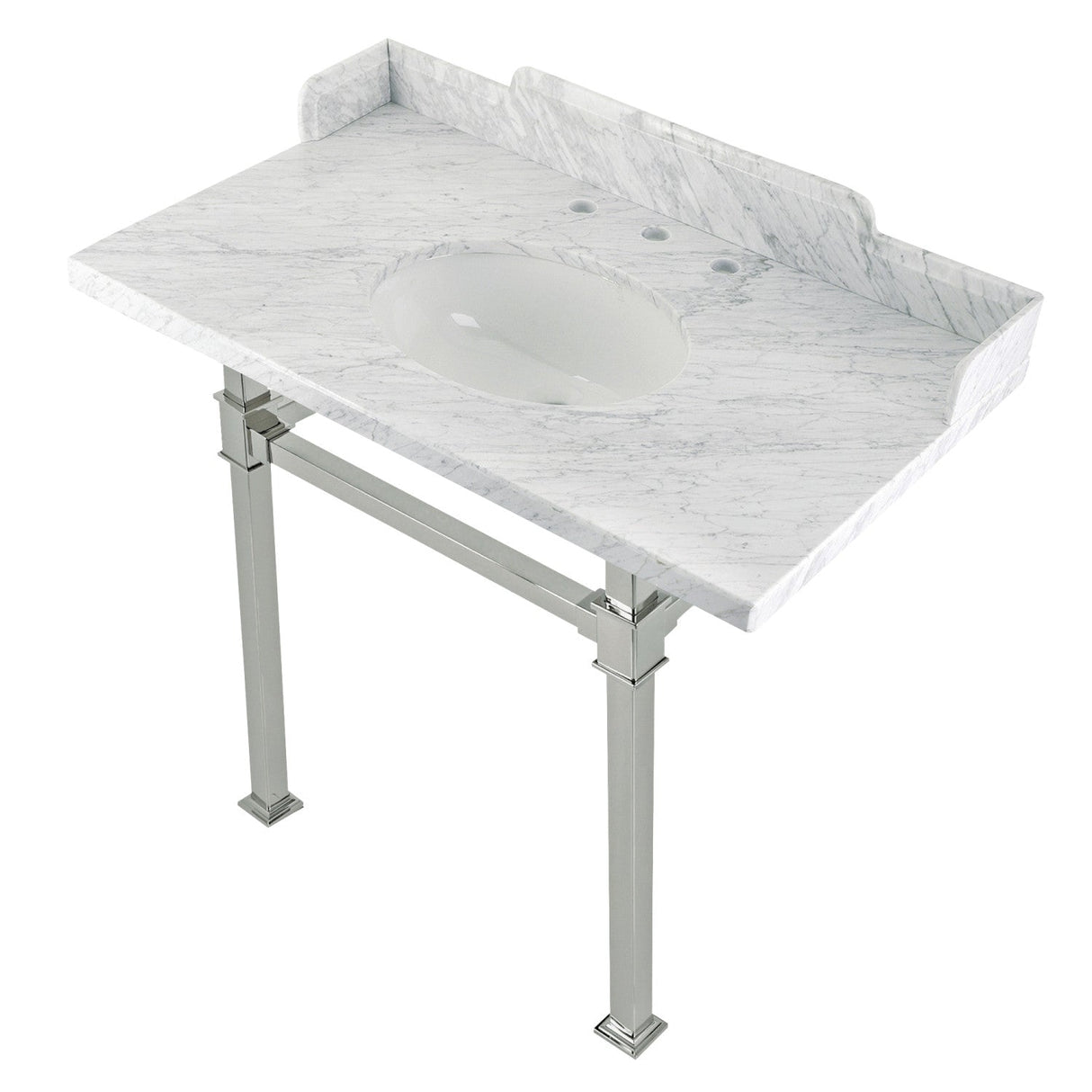 Fauceture LMS36MOQ6 36-Inch Carrara Marble Console Sink with Stainless Steel Legs, Marble White/Polished Nickel