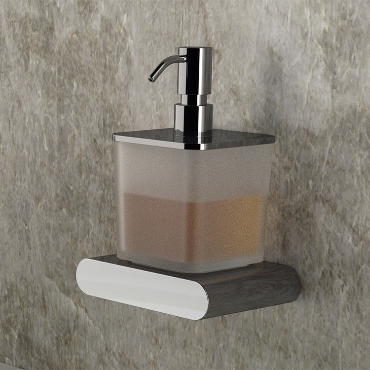 Soap Dispenser, Frosted Glass and Brass, Wall Mounted