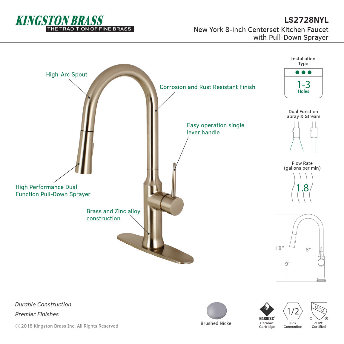 New York LS2728NYL Single-Handle 1-Hole Deck Mount Pull-Down Sprayer Kitchen Faucet, Brushed Nickel
