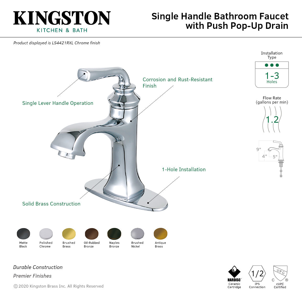 Restoration LS4420RXL Single-Handle 1-Hole Deck Mount Bathroom Faucet with Push Pop-Up, Matte Black