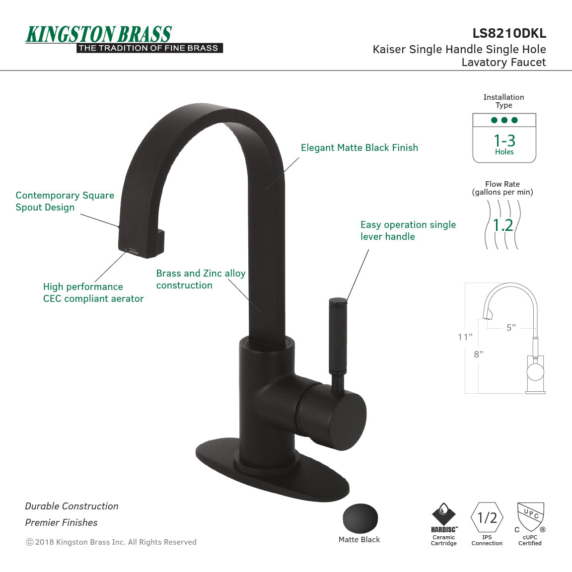 Kaiser LS8210DKL Single-Handle 1-Hole Deck Mount Bathroom Faucet with Push Pop-Up, Matte Black