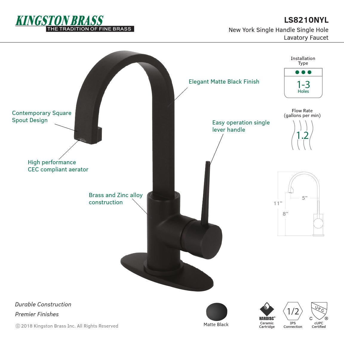 New York LS8210NYL Single-Handle 1-Hole Deck Mount Bathroom Faucet with Push Pop-Up, Matte Black
