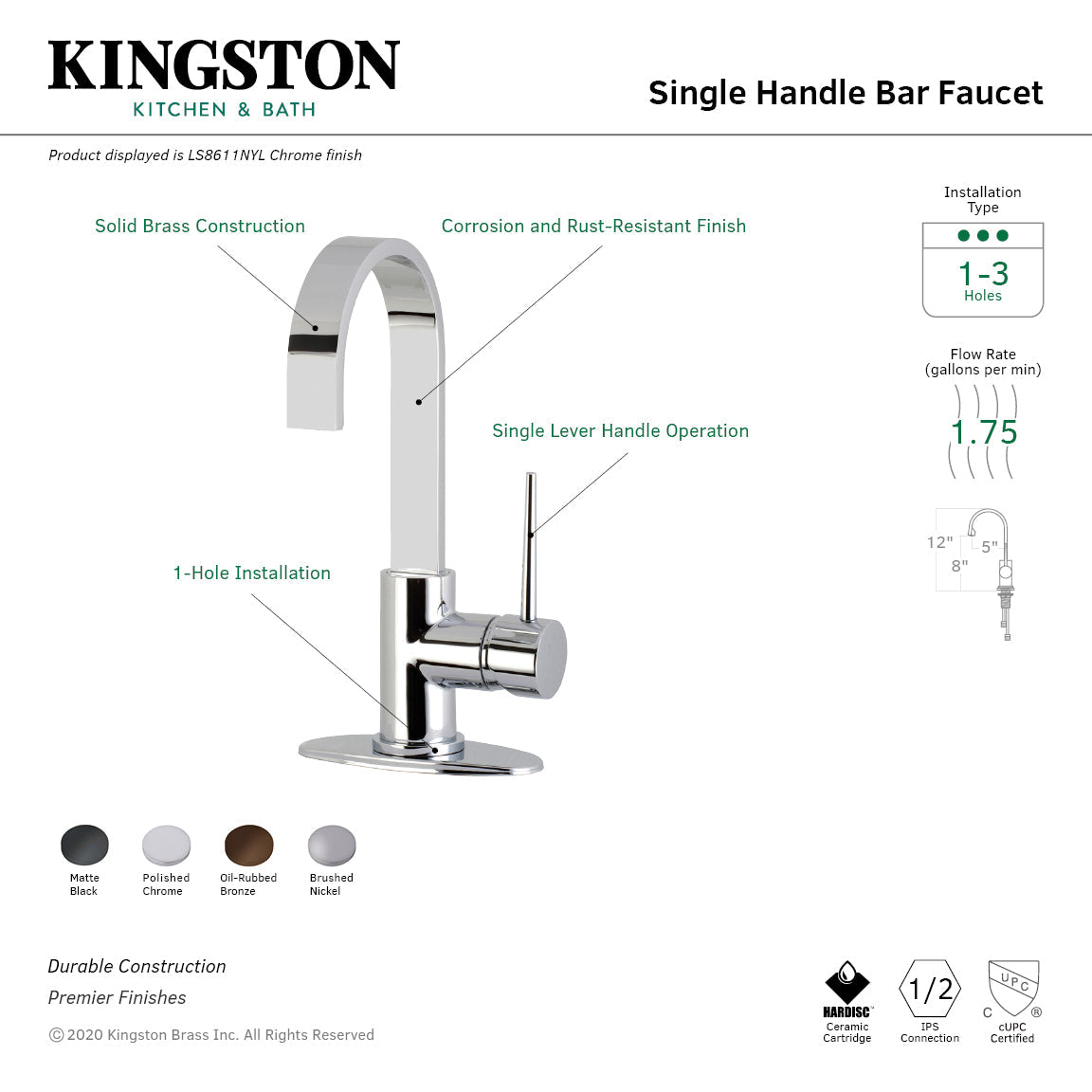 New York LS8615NYL Single-Handle 1-Hole Deck Mount Bar Faucet, Oil Rubbed Bronze
