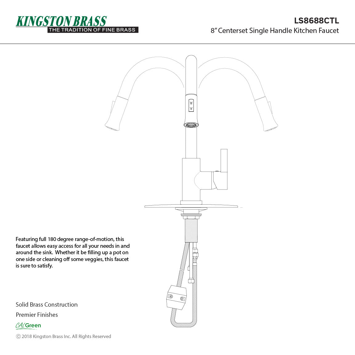 Continental LS8688CTL Single-Handle 1-Hole Deck Mount Pull-Down Sprayer Kitchen Faucet, Brushed Nickel