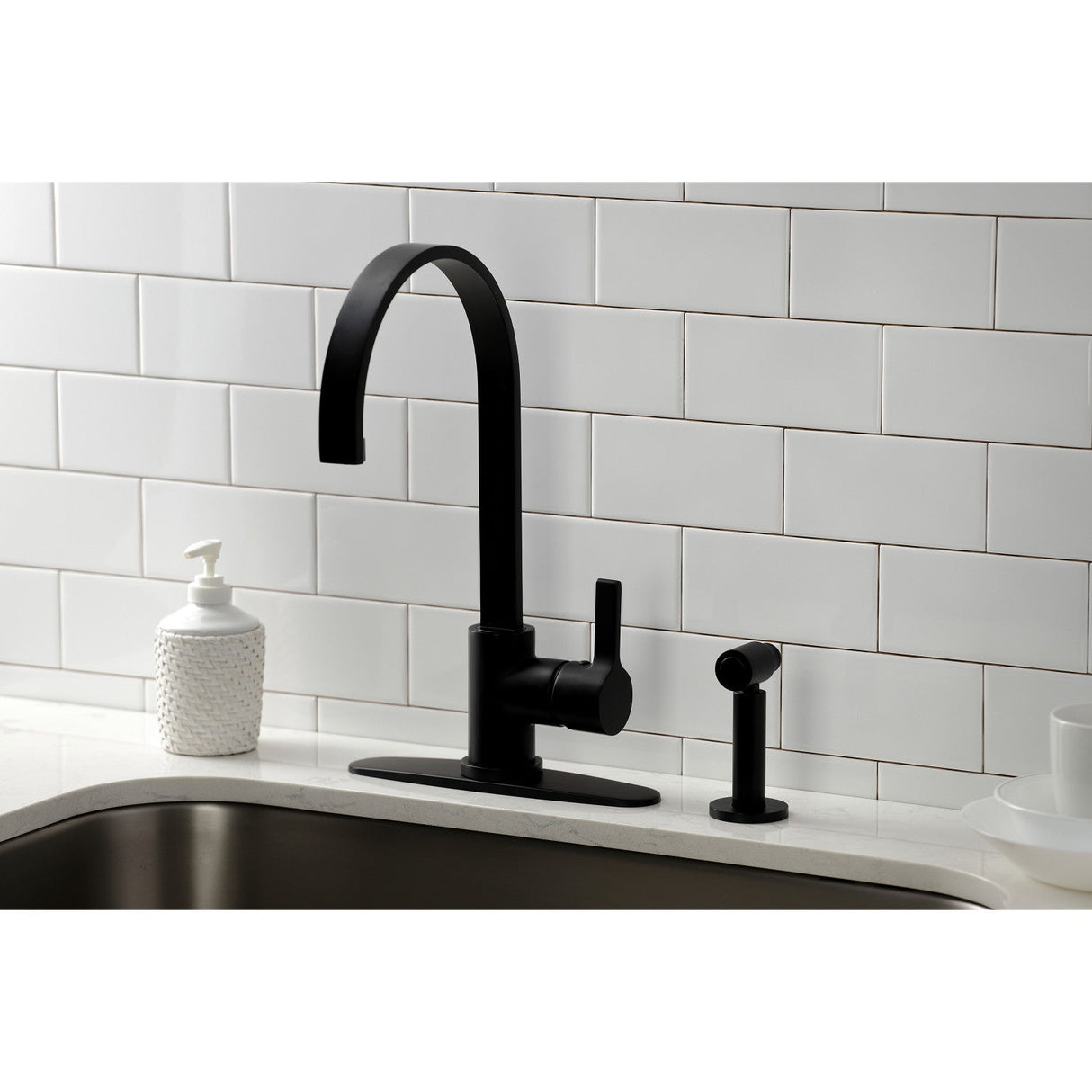Continental LS8710CTLBS Single-Handle Deck Mount Kitchen Faucet with Brass Sprayer and Deck Plate, Matte Black
