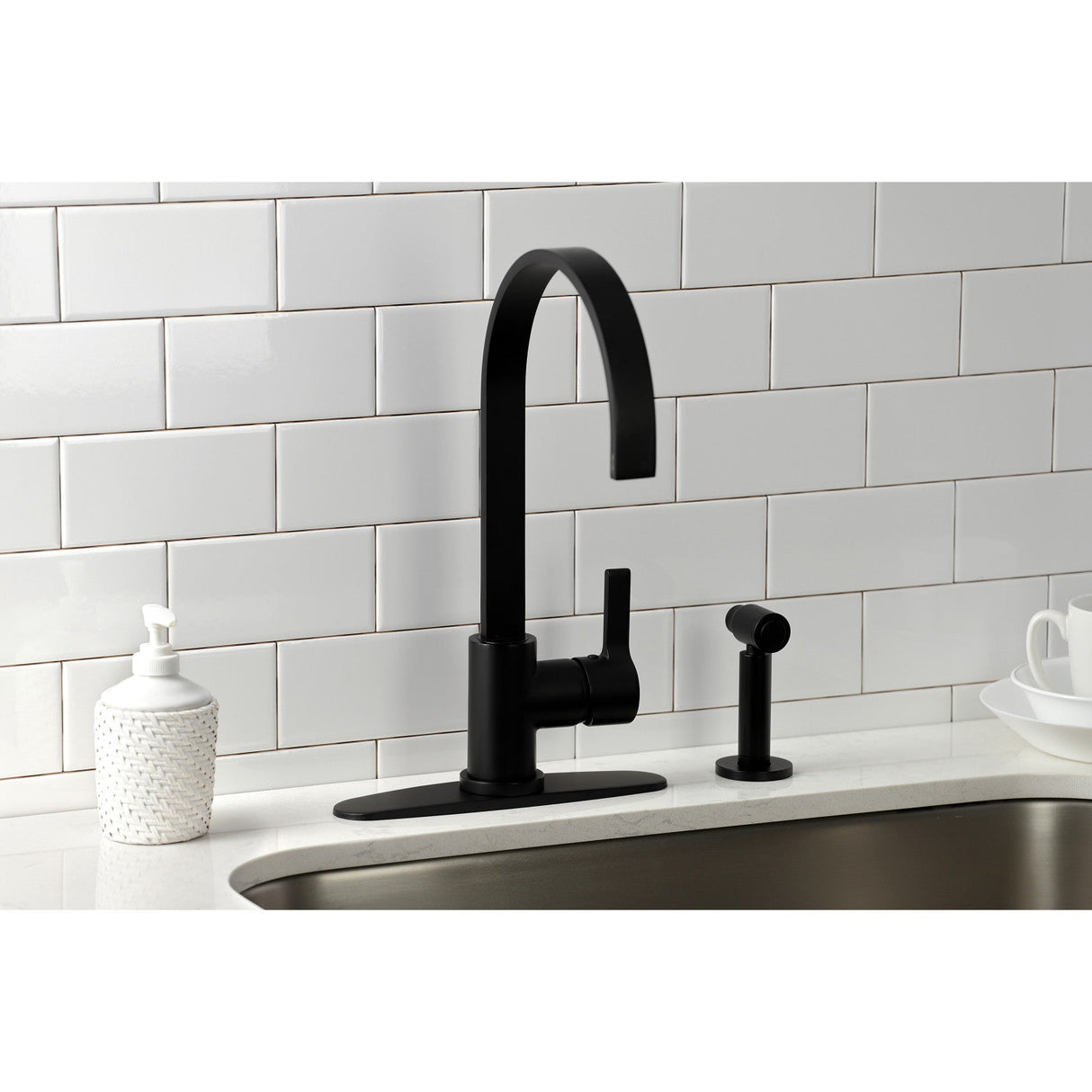 Continental LS8710CTLBS Single-Handle Deck Mount Kitchen Faucet with Brass Sprayer and Deck Plate, Matte Black