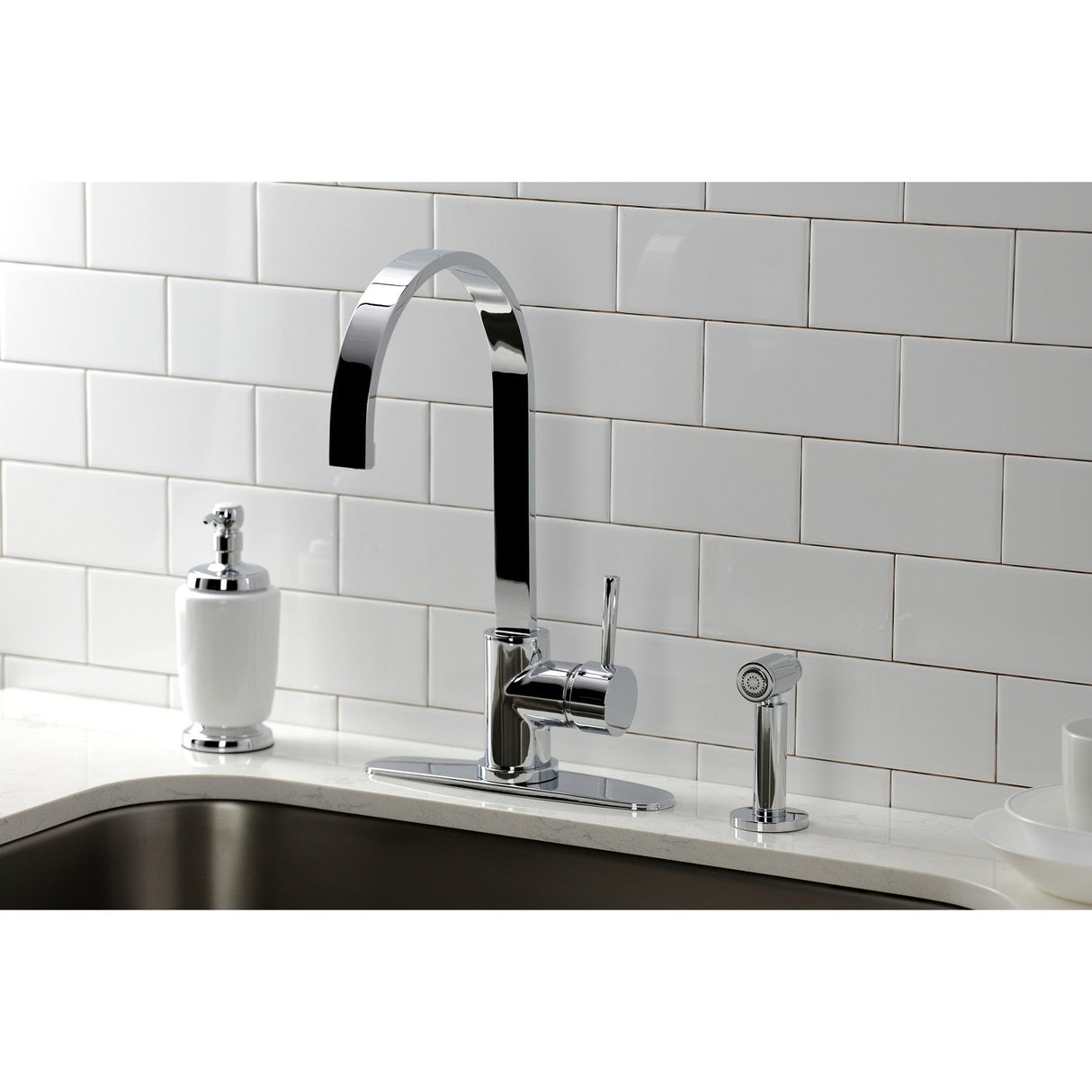 Concord LS8711DLBS Single-Handle Deck Mount Kitchen Faucet with Brass Sprayer and Deck Plate, Polished Chrome