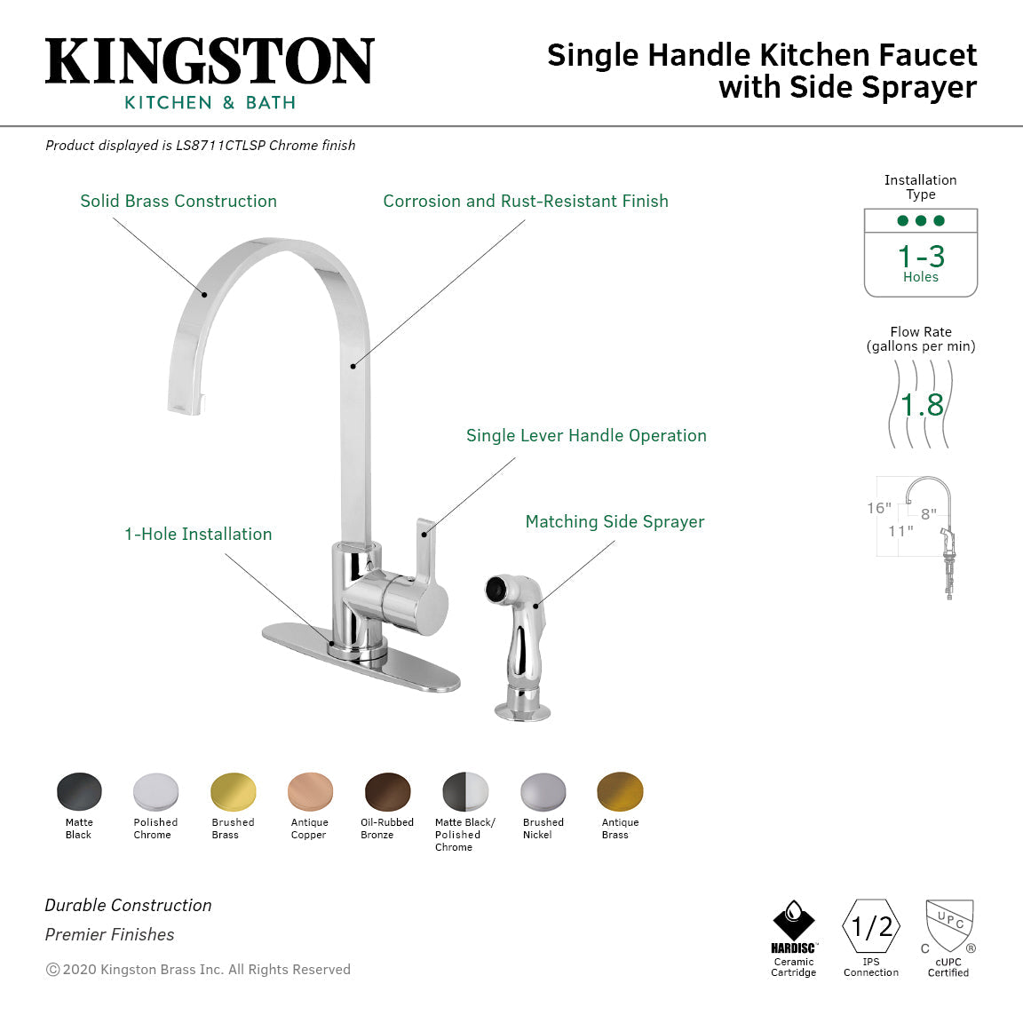 Continental LS8713CTLSP Single-Handle 2-Hole Deck Mount Kitchen Faucet with Side Sprayer, Brushed Brass